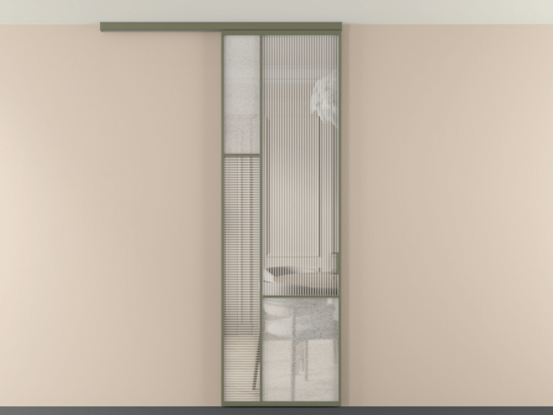 Перегородка Мозаик вдоль стены на потолок 1 створка АЛПР 041.13 Алюминий оливковый тёмный Рифлёное стекло "Дюна", триплекс, 6 мм + Фактурное стекло "Лёд", триплекс Цена 7650 Br | Volhovec