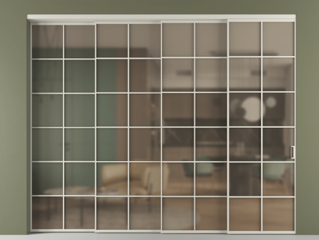 Перегородка Формато внутри проёма 4 створки с синхронным механизмом АЛПР 040.05 Алюминий тёплый серый Сатинированное бронзовое стекло, триплекс. Цена 26130 Br 1. Полотно 4 шт. (800/2100 мм)
2. Комплект установки раздвижной системы
3. Базовый комплект фурнитуры
4. Комплект фурнитуры телескопик синхро-3
5. Ручка Рондо. Фабрика дверей Волховец 8 (800) 551 43 19 Перегородка Формато внутри проёма 4 створки с синхронным механизмом АЛПР 040.05 Алюминий тёплый серый Сатинированное бронзовое стекло, триплекс Цена 26130 Br | Volhovec