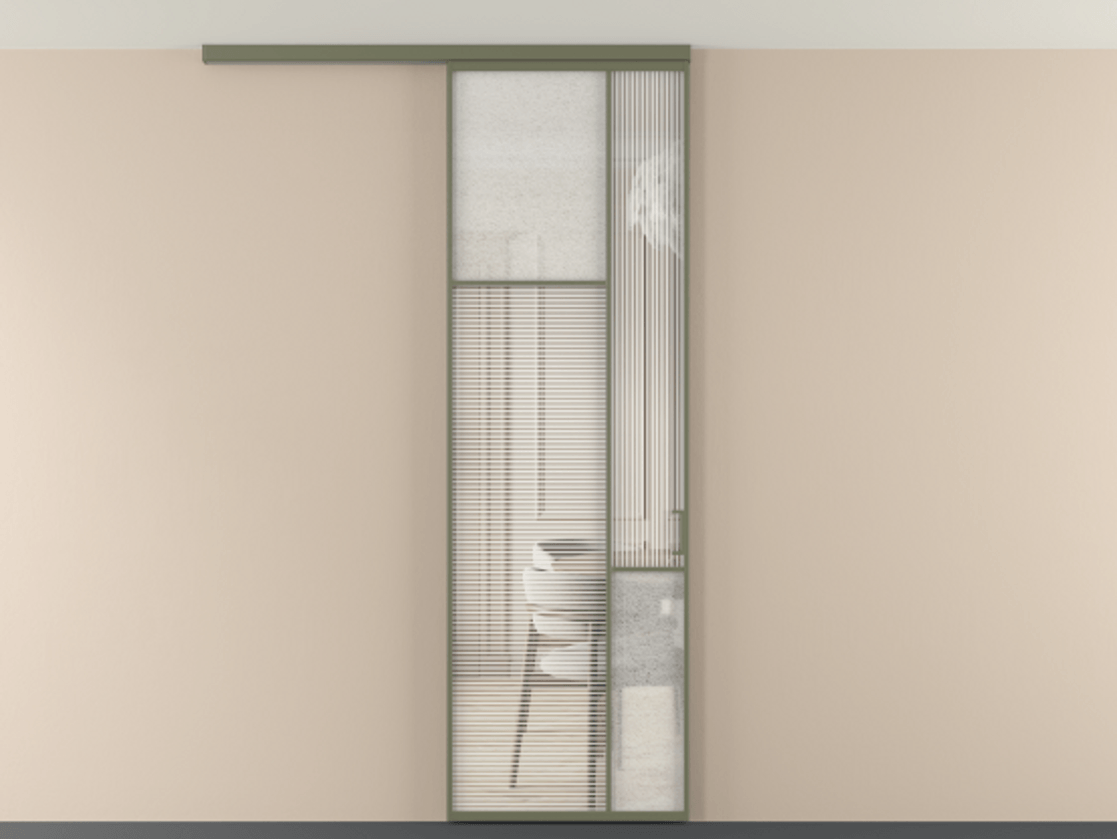 Перегородка Мозаик вдоль стены на потолок 1 створка АЛПР 041.10 Алюминий оливковый тёмный Рифлёное стекло "Дюна", триплекс, 6 мм + Фактурное стекло "Лёд", триплекс Цена 7650 Br | Volhovec