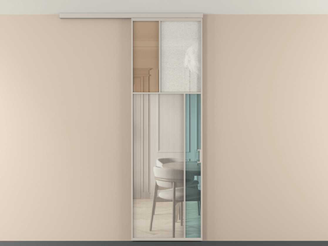 Перегородка Мозаик вдоль стены на потолок 1 створка АЛПР 041.23 Алюминий светло-бежевый Комбинация стекол Группы 1 и Группы 3 Цена 7500 Br | Volhovec