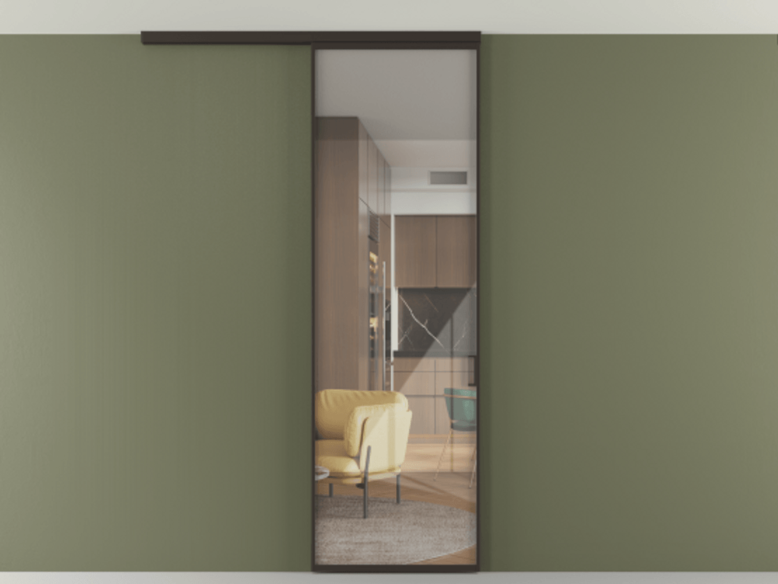 Перегородка Формато вдоль стены на потолок 1 створка АЛПР 040.01 Алюминий антрацит Рефлективное прозрачное стекло "Стопсол", калёное Цена 6390 Br | Volhovec