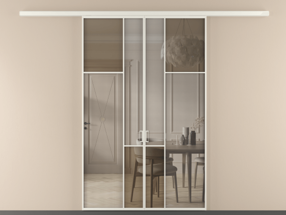 Перегородка Mosaic вдоль стены двустворчатая АЛПР 041.11 Алюминий Белый Mesh silver + Бронза прозрачное триплекс Цена 13450 Br | Volhovec
