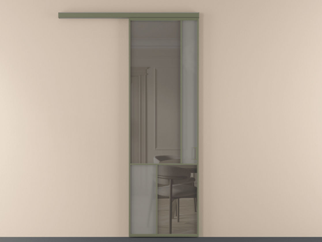 Перегородка Mosaic вдоль стены одностворчатая АЛПР 041.21 Алюминий оливковый тёмный Сатинированное серое стекло, триплекс, 6 мм + Прозрачное серое стекло, триплекс Цена 7330 Br | Volhovec