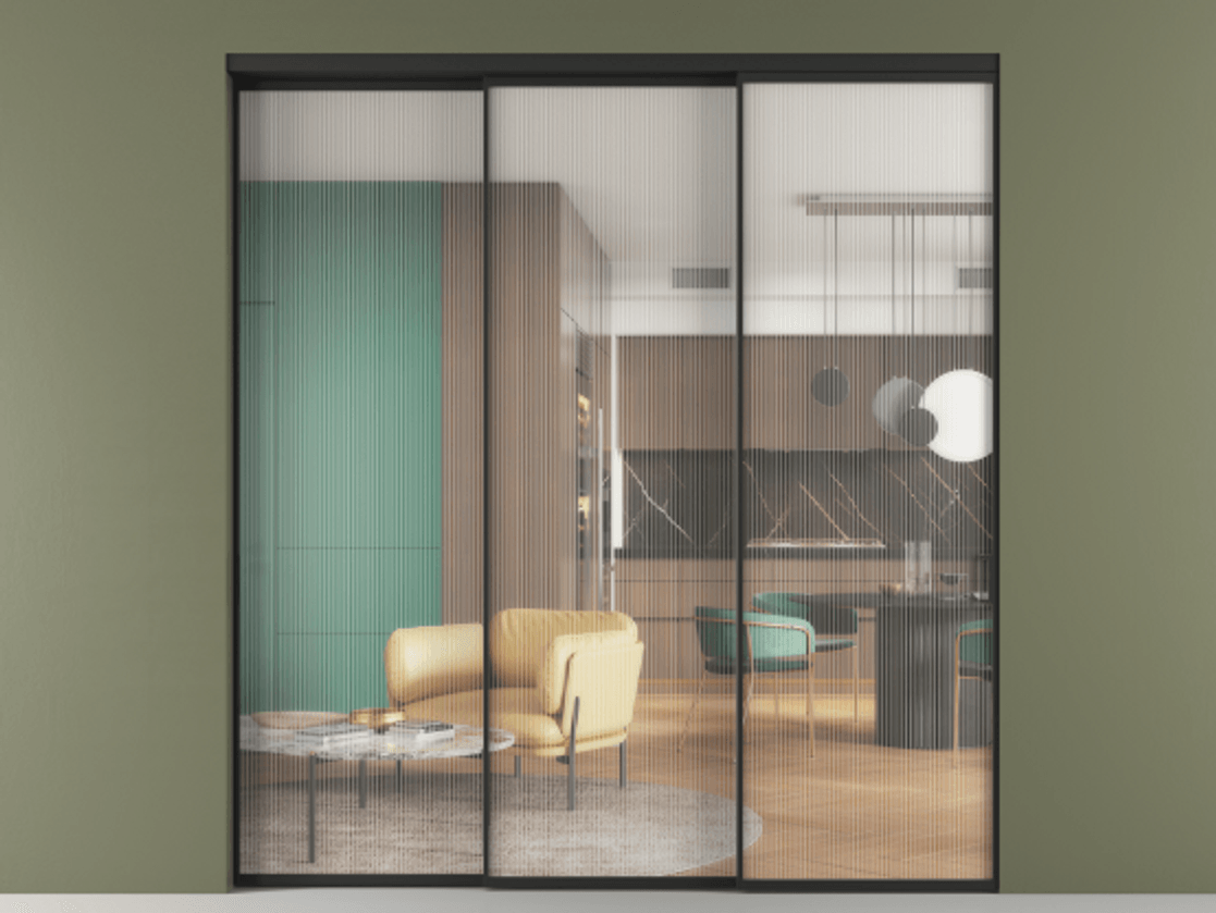 Перегородка Формато внутри проёма 3 створки с синхронным механизмом АЛПР 040.01 Алюминий Черный Рифлёное стекло "Мору", триплекс. Скрытый короб ЧЕР Цена 20310 Br 1. Полотно 3 шт. (800/2100 мм)
2. Комплект установки раздвижной системы
3. Базовый комплект фурнитуры
4. Комплект фурнитуры телескопик синхро-2
5.Ручка Рондо. Фабрика дверей Волховец 8 (800) 551 43 19 Перегородка Формато внутри проёма 3 створки с синхронным механизмом АЛПР 040.01 Алюминий Черный Рифлёное стекло "Мору", триплекс Цена 20310 Br | Volhovec