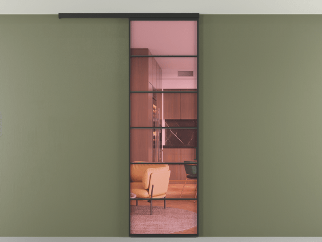 Перегородка Формато вдоль стены на потолок 1 створка АЛПР 040.04 Алюминий Черный Прозрачное розовое стекло, триплекс Цена 5300 Br | Volhovec