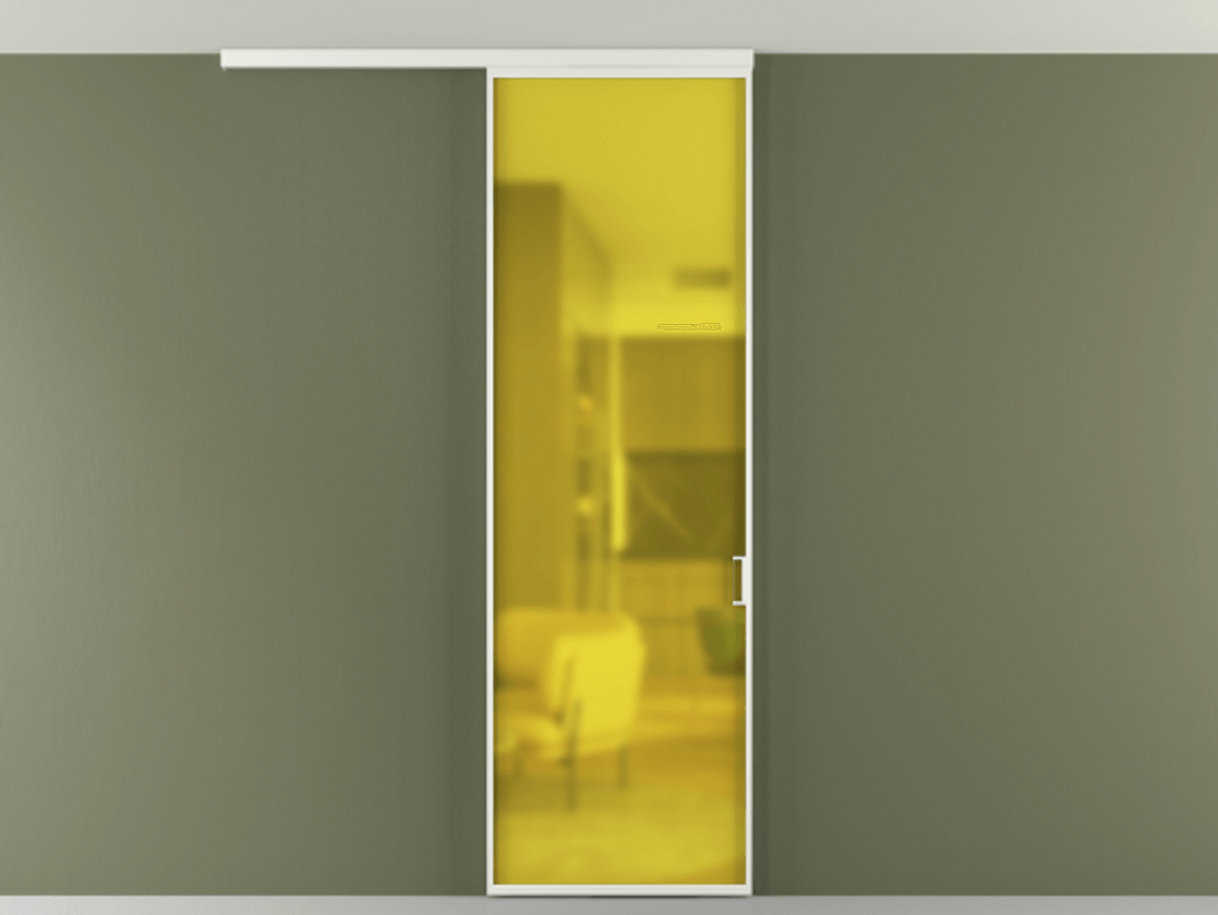 Перегородка Formato вдоль стены на потолок 1 створка АЛПР 040.01 Алюминий светло-серый Сатинированное жёлтое стекло, триплекс Цена 5100 Br | Volhovec