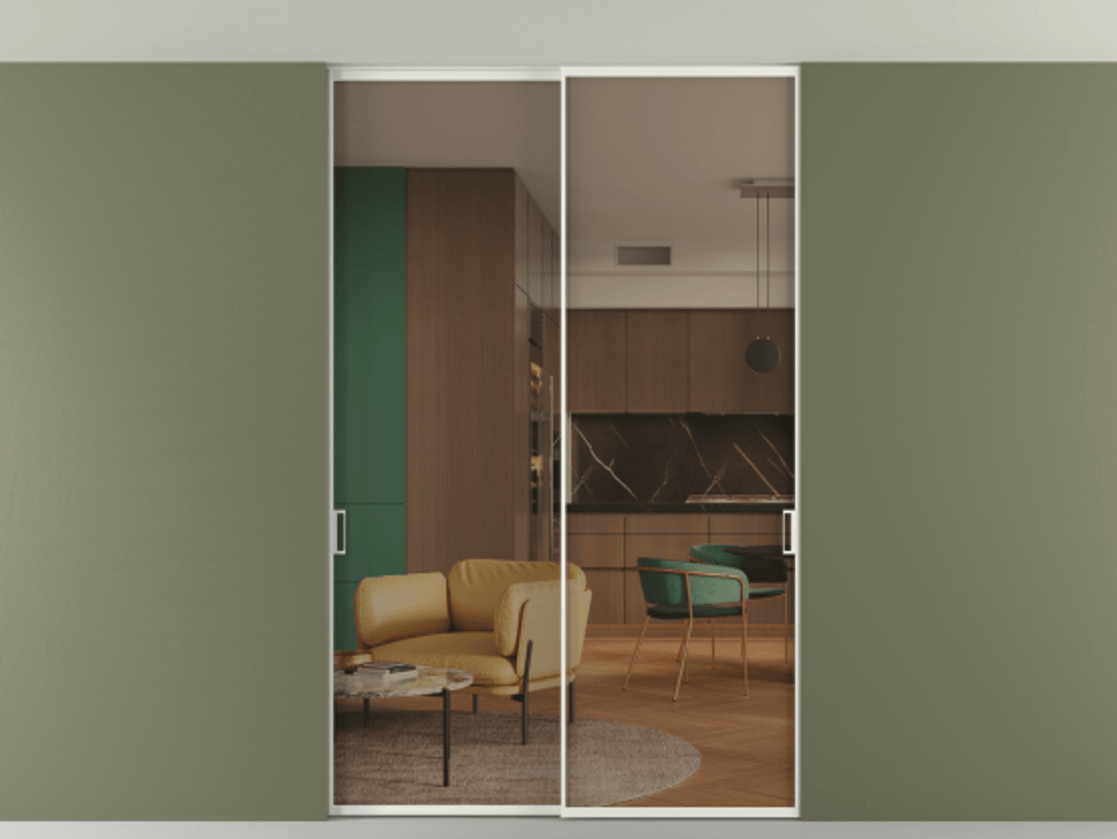 Перегородка Formato внутри проёма скрытое крепление в потолок 2 створки АЛПР 040.01 Алюминий светло-серый Прозрачное бронзовое стекло, триплекс Цена 13200 Br | Volhovec