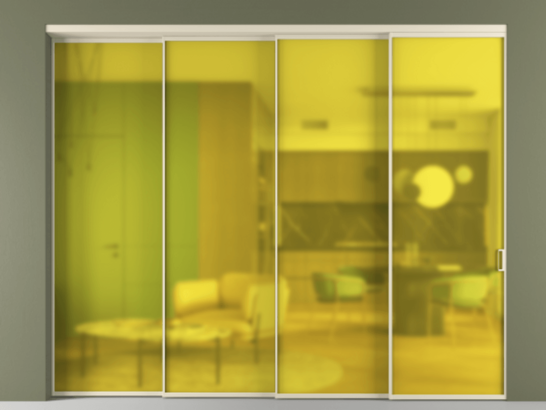 Перегородка Формато внутри проёма 4 створки с синхронным механизмом АЛПР 040.01 Алюминий бежево-серый Сатинированное жёлтое стекло, триплекс Цена 23100 Br | Volhovec