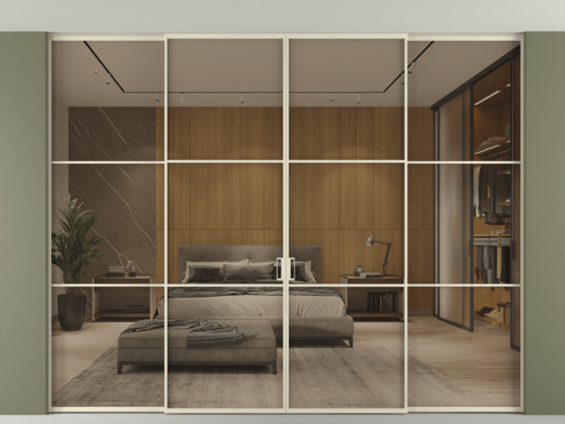 Перегородка Formato внутри проёма скрытое крепление в потолок 4 створки АЛПР 040.03 Алюминий бежево-серый Рефлективное бронзовое стекло "Stopsol", калёное. Цена 29680 Br 1. Полотно 4 шт. (800/2100 мм)
2. Комплект установки раздвижной системы
3. Базовый комплект фурнитуры
4.Ручка RONDO. Фабрика дверей Волховец 8 (800) 551 43 19 Перегородка Formato внутри проёма скрытое крепление в потолок 4 створки АЛПР 040.03 Алюминий бежево-серый Рефлективное бронзовое стекло "Stopsol", калёное Цена 29680 Br | Volhovec