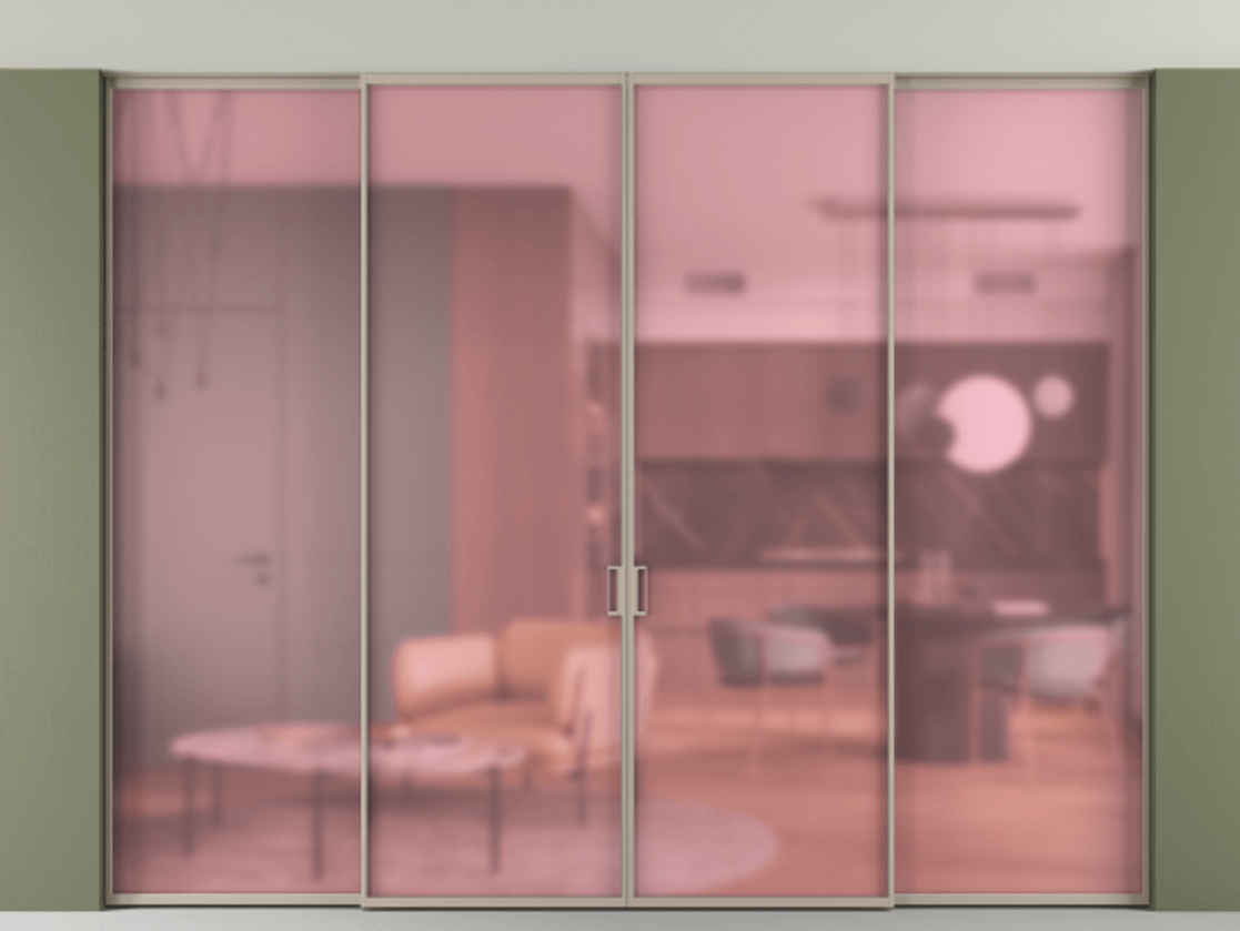 Перегородка Formato внутри проёма скрытое крепление в потолок 4 створки АЛПР 040.01 Алюминий бисквитный Сатинированное розовое стекло, триплекс Цена 23400 Br | Volhovec