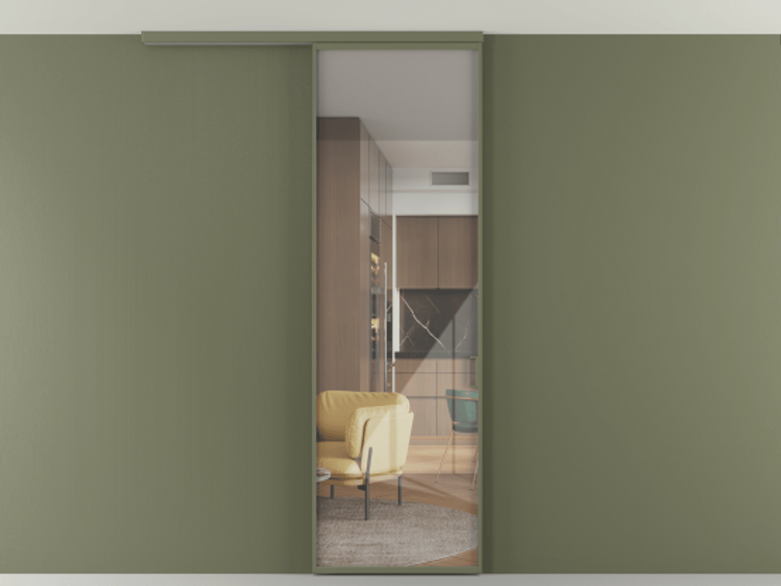 Перегородка Формато вдоль стены на потолок 1 створка АЛПР 040.01 Алюминий оливковый тёмный Рефлективное прозрачное стекло "Стопсол", калёное Цена 6390 Br | Volhovec