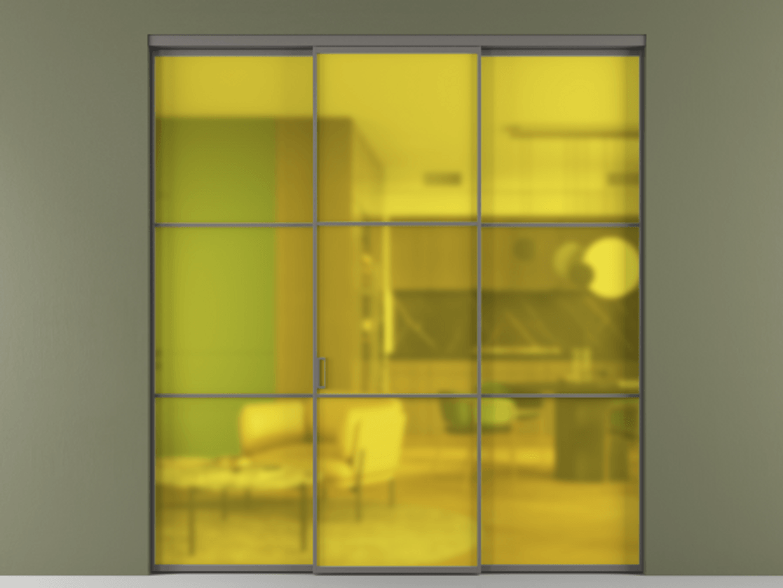 Перегородка Formato внутри проёма 3 створки АЛПР 040.03 Алюминий классический серый Сатинированное жёлтое стекло, триплекс Цена 13300 Br | Volhovec