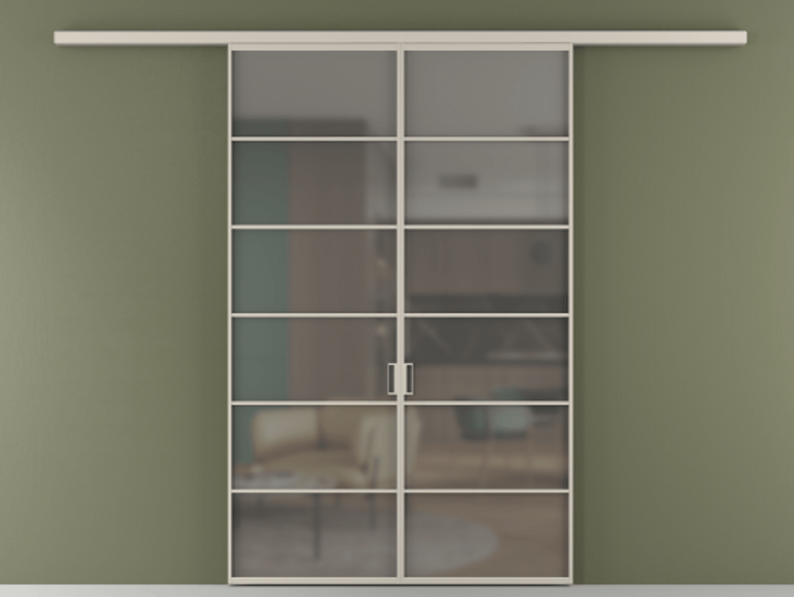 Перегородка Формато вдоль стены 2 створки АЛПР 040.04 Алюминий светло-бежевый Сатинированное серое стекло, триплекс Цена 11080 Br | Volhovec