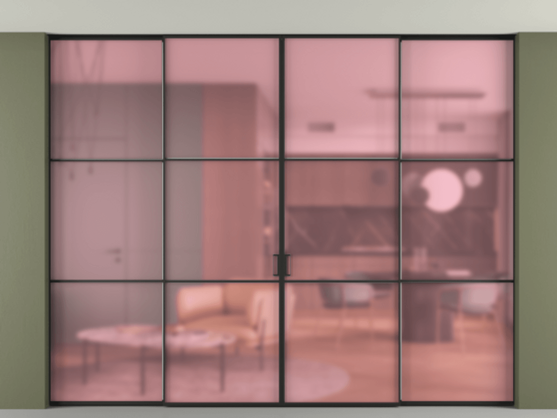 Перегородка Формато внутри проёма скрытое крепление в потолок 4 створки АЛПР 040.03 Алюминий Черный Сатинированное розовое стекло, триплекс Цена 23800 Br | Volhovec