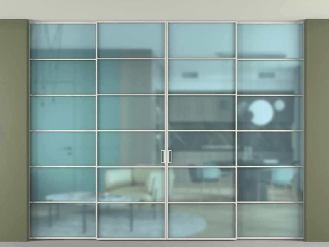 Перегородка Formato внутри проёма скрытое крепление в потолок 4 створки АЛПР 040.04 Алюминий Белый Сатинированное голубое стекло, триплекс Цена 24200 Br | Volhovec