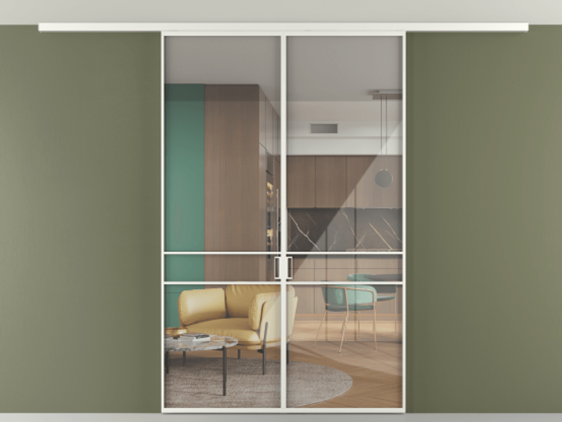 Перегородка Формато вдоль стены на потолок 2 створки АЛПР 040.02 Алюминий светло-серый Рефлективное прозрачное стекло "Стопсол", калёное Цена 13040 Br | Volhovec