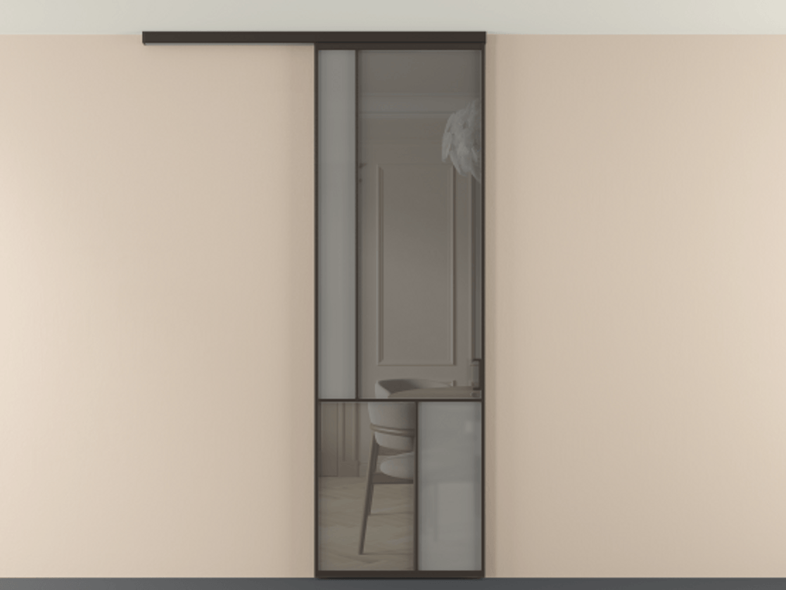 Перегородка Мозаик вдоль стены на потолок 1 створка АЛПР 041.20 Алюминий антрацит Сатинированное серое стекло, триплекс, 6 мм + Прозрачное серое стекло, триплекс Цена 7220 Br | Volhovec