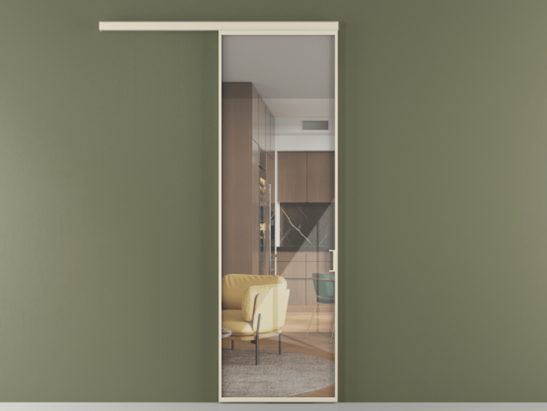 Перегородка Formato вдоль стены 1 створка АЛПР 040.01 Алюминий бежево-серый Рефлективное прозрачное стекло "Stopsol", калёное Цена 6610 Br  | Volhovec