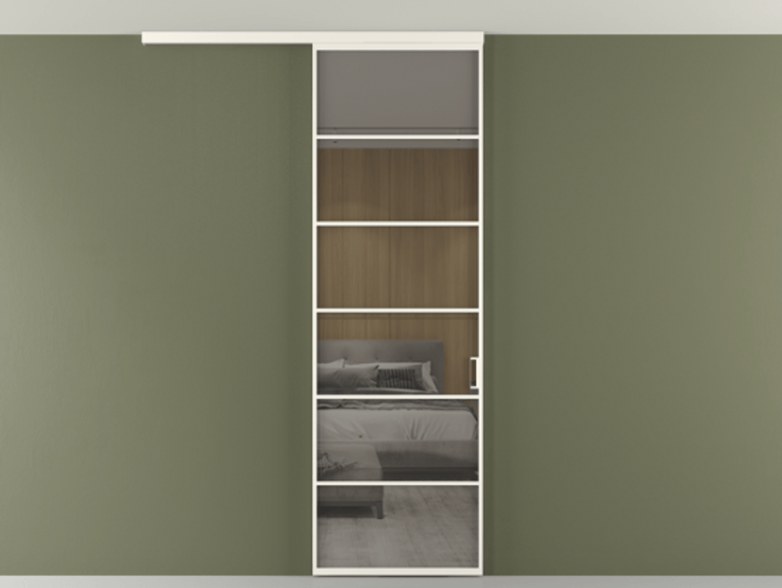 Перегородка Formato вдоль стены на потолок 1 створка АЛПР 040.04 Алюминий пудровый белый Рефлективное серое стекло "Stopsol", калёное Цена 7170 Br | Volhovec