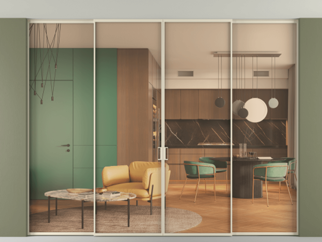 Перегородка Formato внутри проёма скрытое крепление в потолок 4 створки АЛПР 040.01 Алюминий бежево-серый Прозрачное оранжевое стекло, триплекс Цена 26700.3673 Br | Volhovec