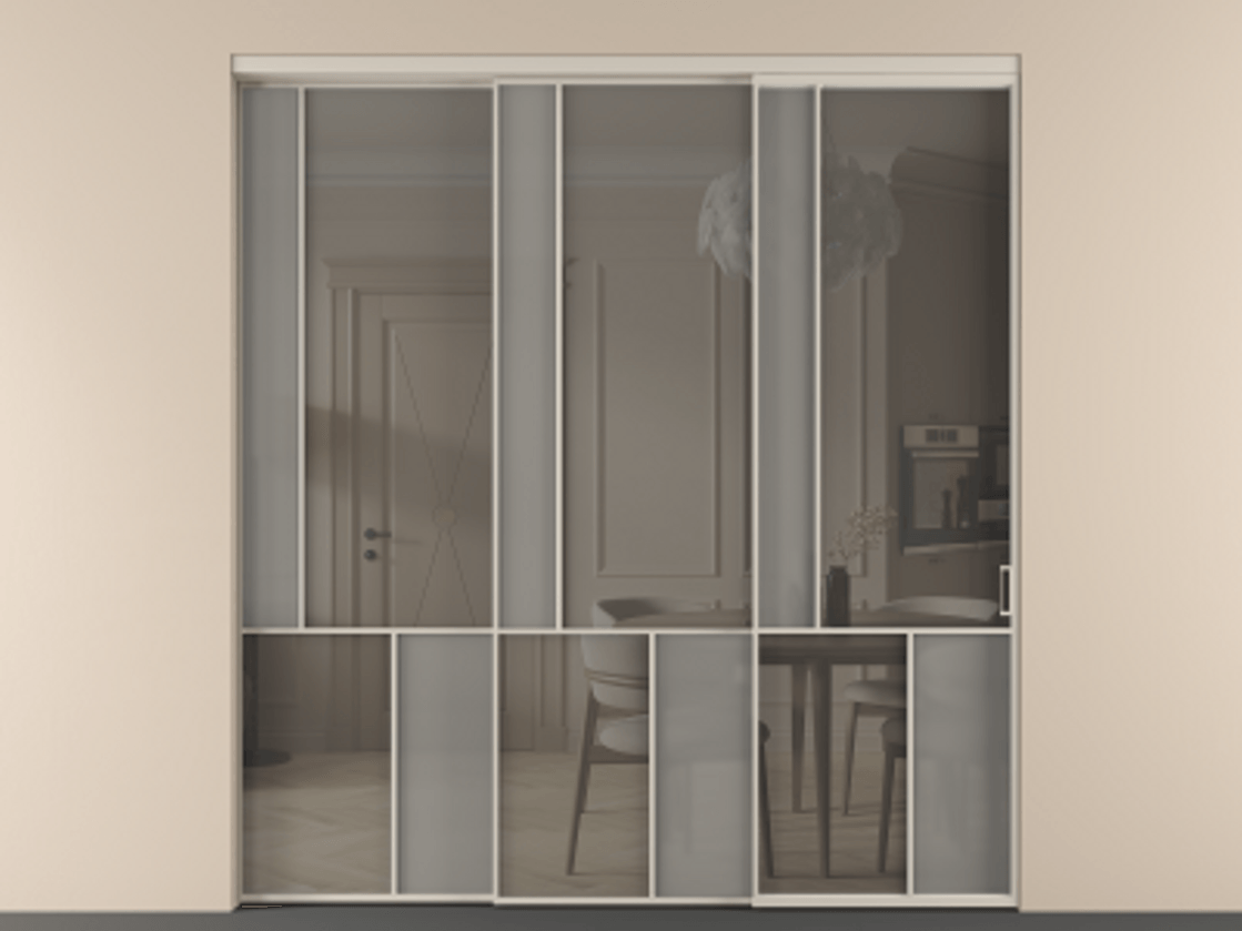 Перегородка Мозаик внутри проёма 3 створки с синхронным механизмом АЛПР 041.20  Алюминий светло-бежевый Сатинированное серое стекло, триплекс, 6 мм + Прозрачное серое стекло, триплекс Цена 23390 Br | Volhovec