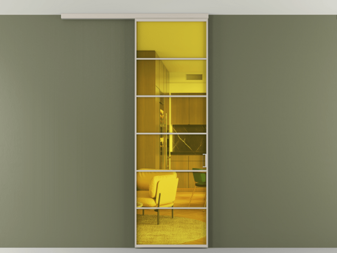 Перегородка Формато вдоль стены на потолок 1 створка АЛПР 040.04 Алюминий светло-бежевый Прозрачное жёлтое стекло, триплекс Цена 5500 Br | Volhovec