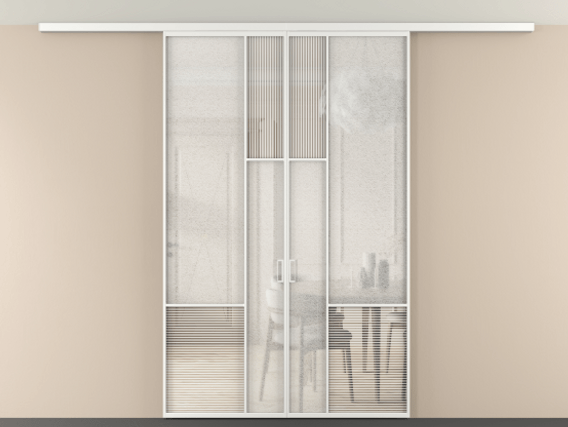 Перегородка Мозаик вдоль стены на потолок 2 створки АЛПР 041.13 Алюминий белоснежный Рифлёное стекло "Дюна", триплекс, 6 мм + Фактурное стекло "Лёд", триплекс Цена 14920 Br | Volhovec