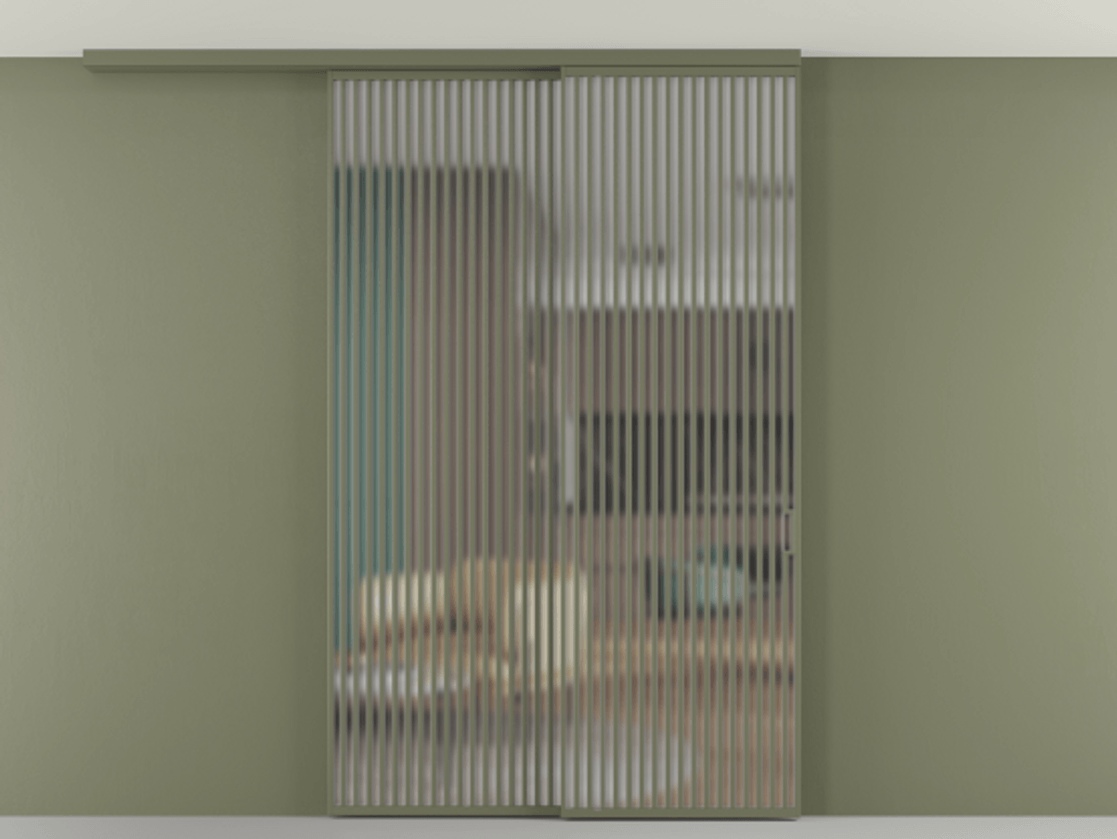 Перегородка Formato вдоль стены на потолок 2 створки с синхронным механизмом АЛПР 040.06 Алюминий оливковый тёмный Сатинированное стекло "Matelux Crystal Vision", калёное, матовое, каленое 6 мм Цена 29010 Br | Volhovec