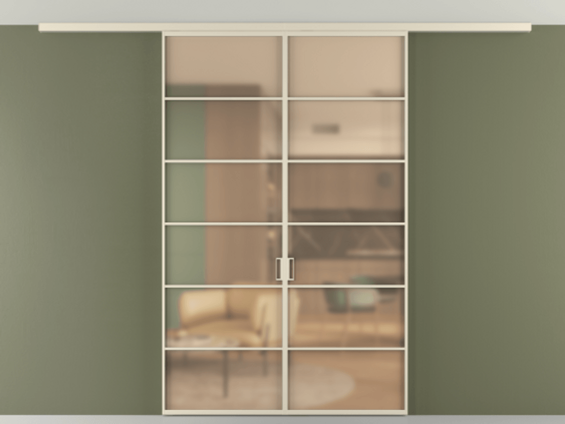 Межкомнатная дверь New Перегородка Formato вдоль стены на потолок двустворчатая АЛПР 040.04 Алюминий бежево-серый Сатинированное оранжевое стекло, триплекс Цена 13100  | Volhovec