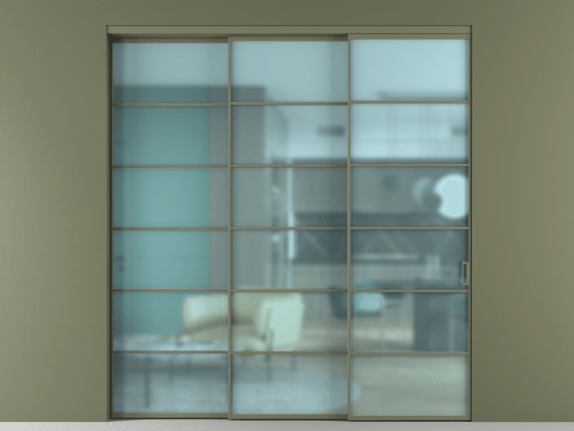 Перегородка Formato внутри проёма 3 створки с синхронным механизмом АЛПР 040.04 Алюминий оливковый тёмный Сатинированное голубое стекло, триплекс Цена 19400 Br  | Volhovec