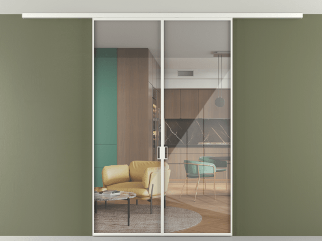 Перегородка Формато вдоль стены на потолок 2 створки АЛПР 040.01 Алюминий светло-серый Рефлективное прозрачное стекло "Стопсол", калёное Цена 12410 Br | Volhovec