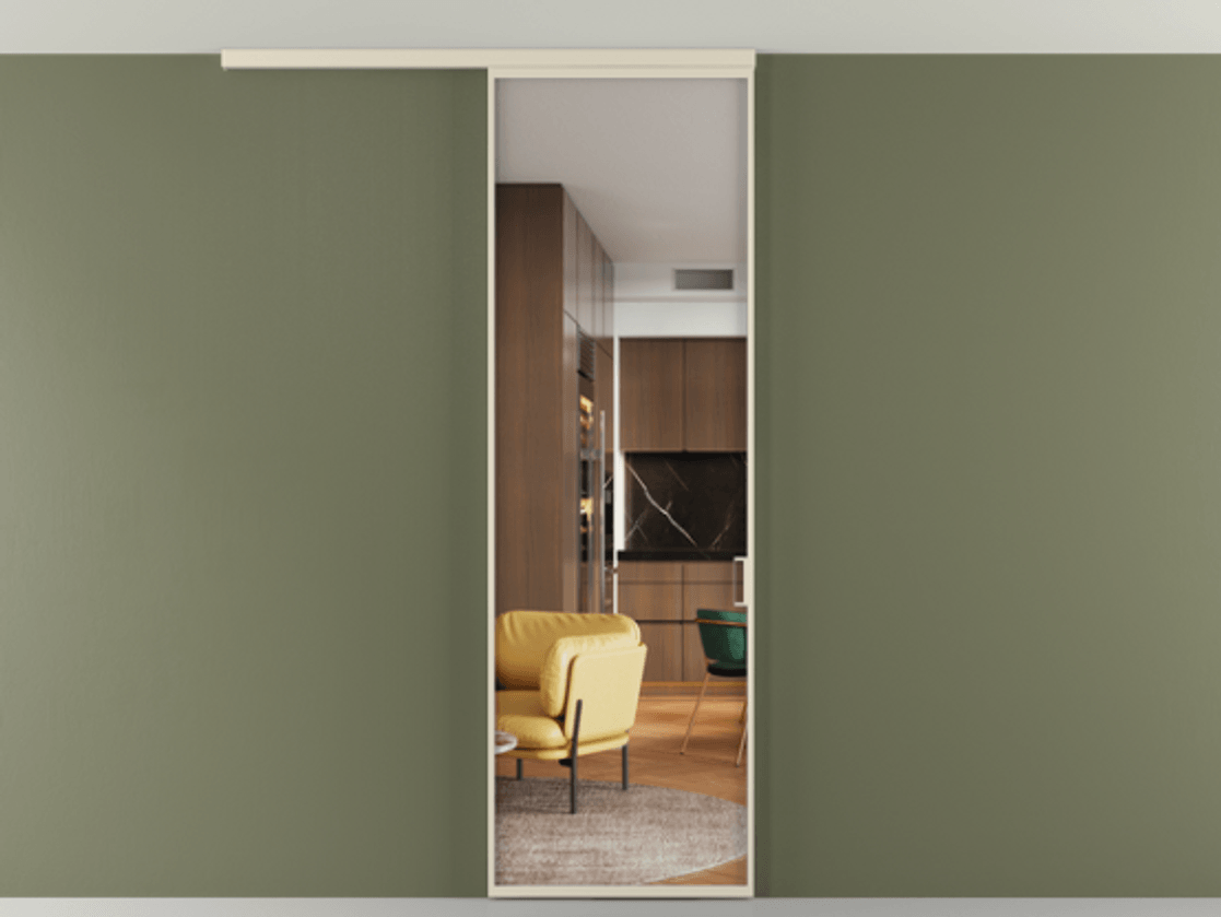 Перегородка Формато вдоль стены на потолок 1 створка АЛПР 040.01 Алюминий бежево-серый Прозрачное стекло "Кристал Вижн", калёное Цена 6390 Br | Volhovec