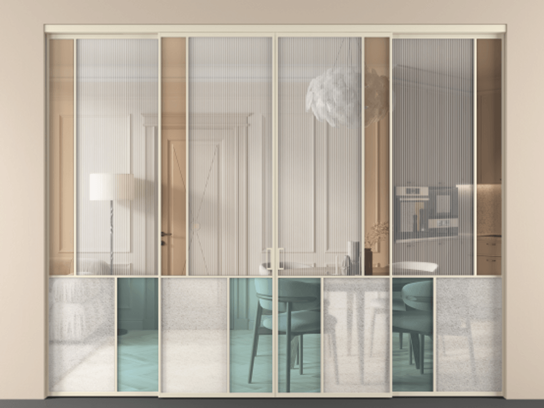 Перегородка Mosaic внутри проёма четырёхстворчатая АЛПР 041.21 Алюминий бежево-серый Комбинация стекол Группы 1 и Группы 3 Цена 23200 Br | Volhovec