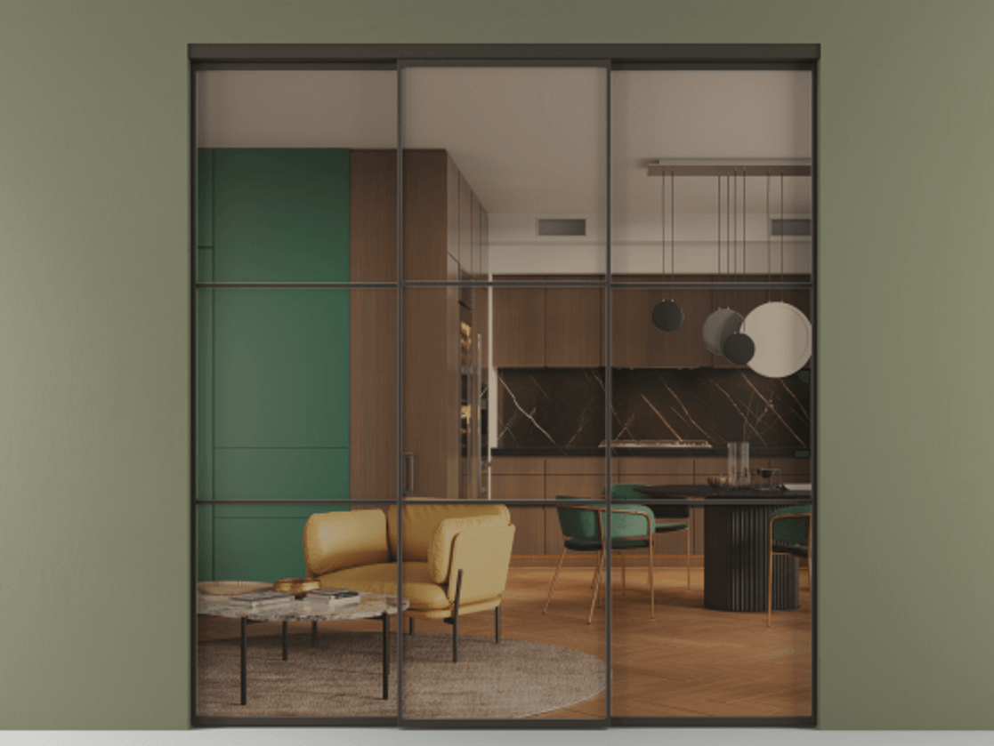 Перегородка Formato внутри проёма 3 створки АЛПР 040.03 Алюминий антрацит Прозрачное бронзовое стекло, триплекс Цена 13290 Br | Volhovec