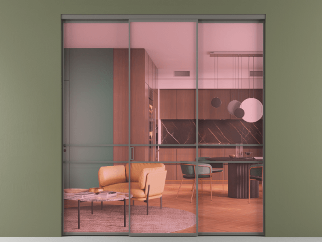 Перегородка Formato внутри проёма 3 створки АЛПР 040.02 Алюминий классический серый Прозрачное розовое стекло, триплекс Цена 12700 Br | Volhovec