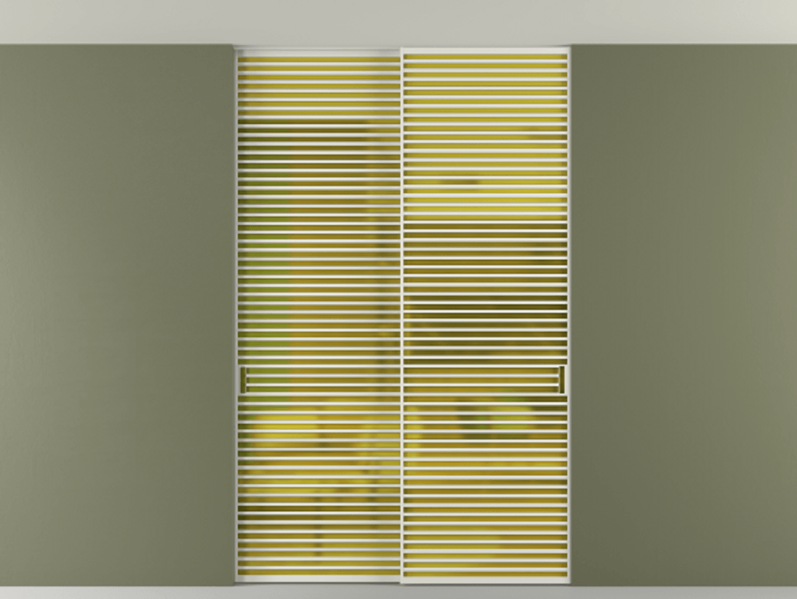 Перегородка Формато внутри проёма скрытое крепление в потолок 2 створки АЛПР 040.07 Алюминий серый Сатинированное жёлтое стекло, триплекс Цена 21900 Br | Volhovec