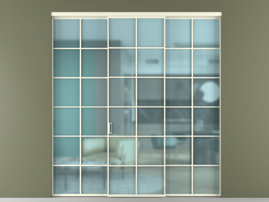 Перегородка Formato внутри проёма 3 створки АЛПР 040.05 Алюминий молочно-белый Сатинированное голубое стекло, триплекс Цена 14300 Br | Volhovec