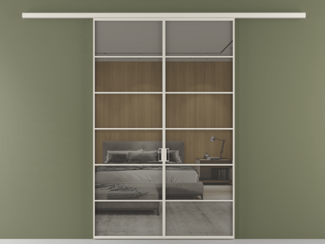 Перегородка Формато вдоль стены 2 створки АЛПР 040.04 Алюминий облачно-серый Рефлективное серое стекло "Стопсол", калёное Цена 14150 Br | Volhovec