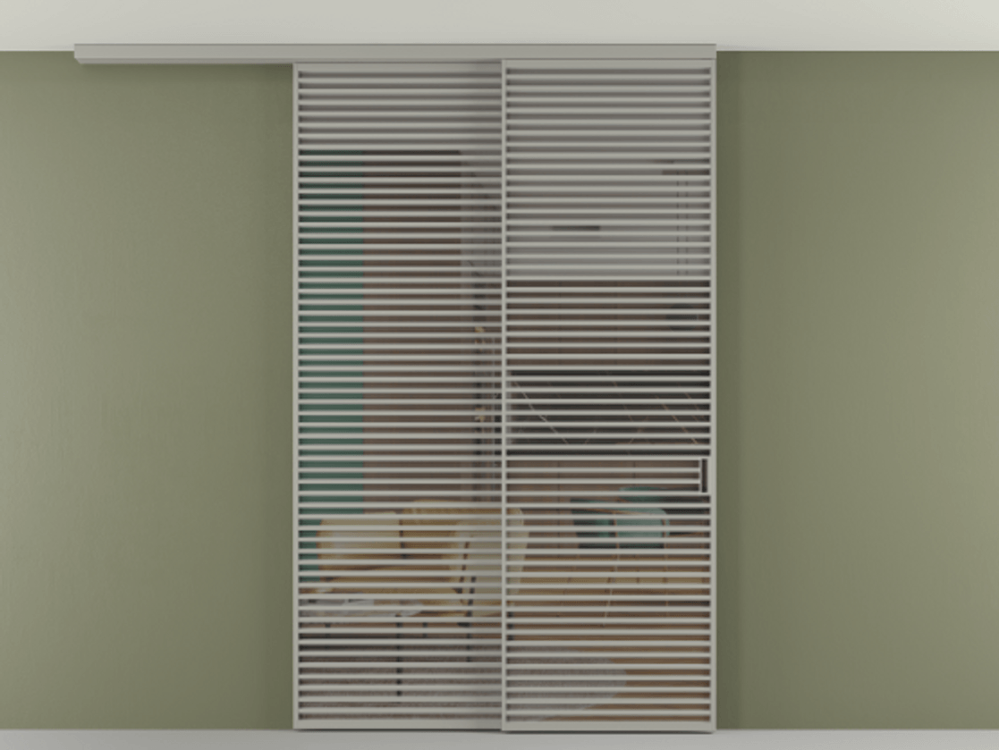 Перегородка Формато вдоль стены на потолок 2 створки с синхронным механизмом АЛПР 040.07 Алюминий нейтральный серый Прозрачное серое стекло, триплекс Цена 23070 Br | Volhovec