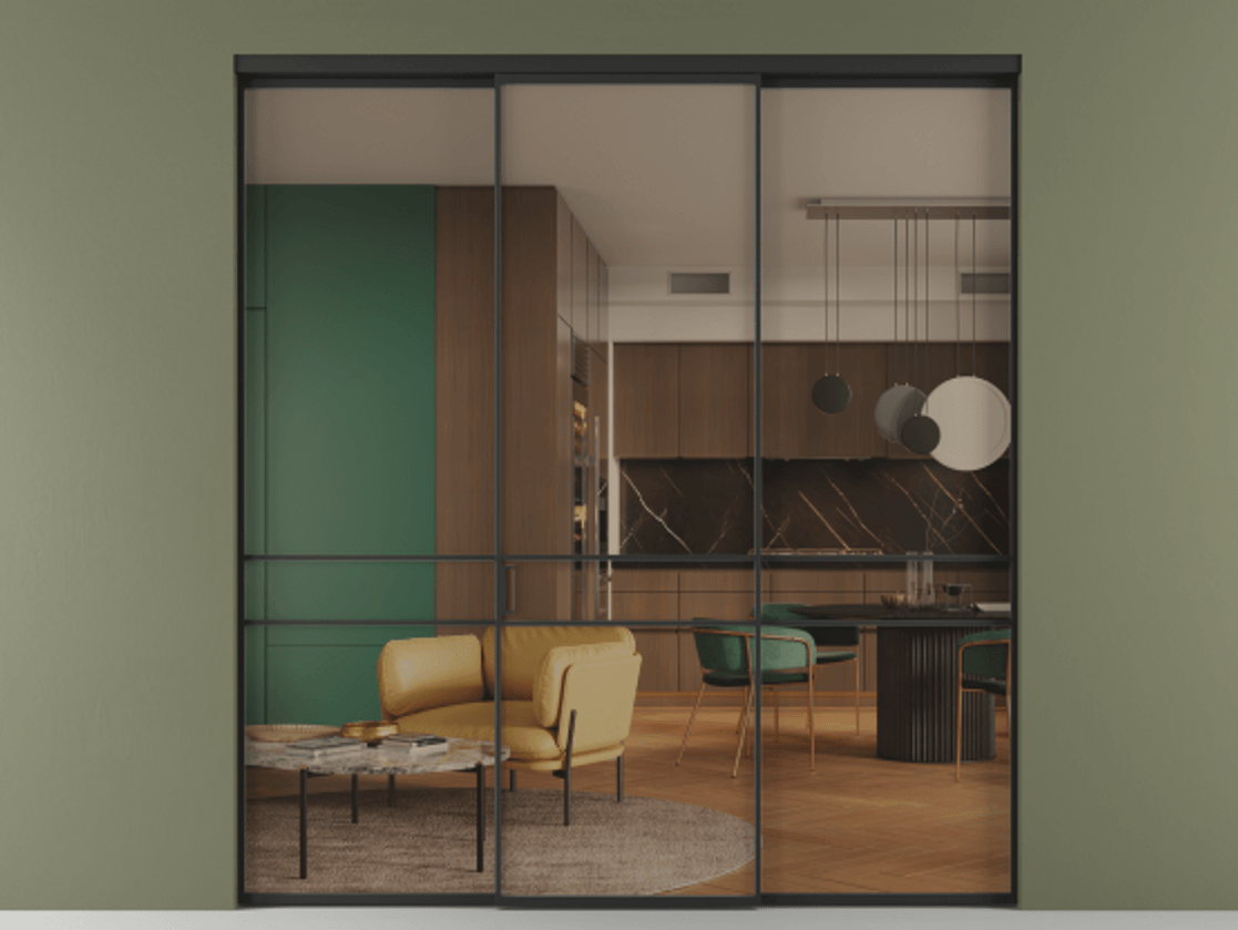 Перегородка Formato внутри проёма 3 створки АЛПР 040.02 Алюминий Черный Прозрачное бронзовое стекло, триплекс Цена 12760 Br | Volhovec