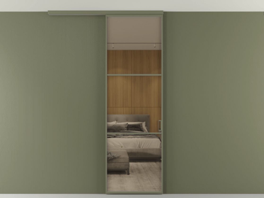 Перегородка Формато вдоль стены на потолок 1 створка АЛПР 040.03 Алюминий оливковый тёмный Рефлективное бронзовое стекло "Стопсол", калёное Цена 6711 Br | Volhovec