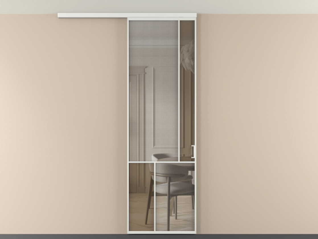 Перегородка Mosaic вдоль стены на потолок 1 створка АЛПР 041.21 Алюминий белоснежный Декоративное стекло с сеткой "Mesh silver", триплекс, 6 мм + Прозрачное бронзовое стекло, триплекс Цена 7541 Br | Volhovec