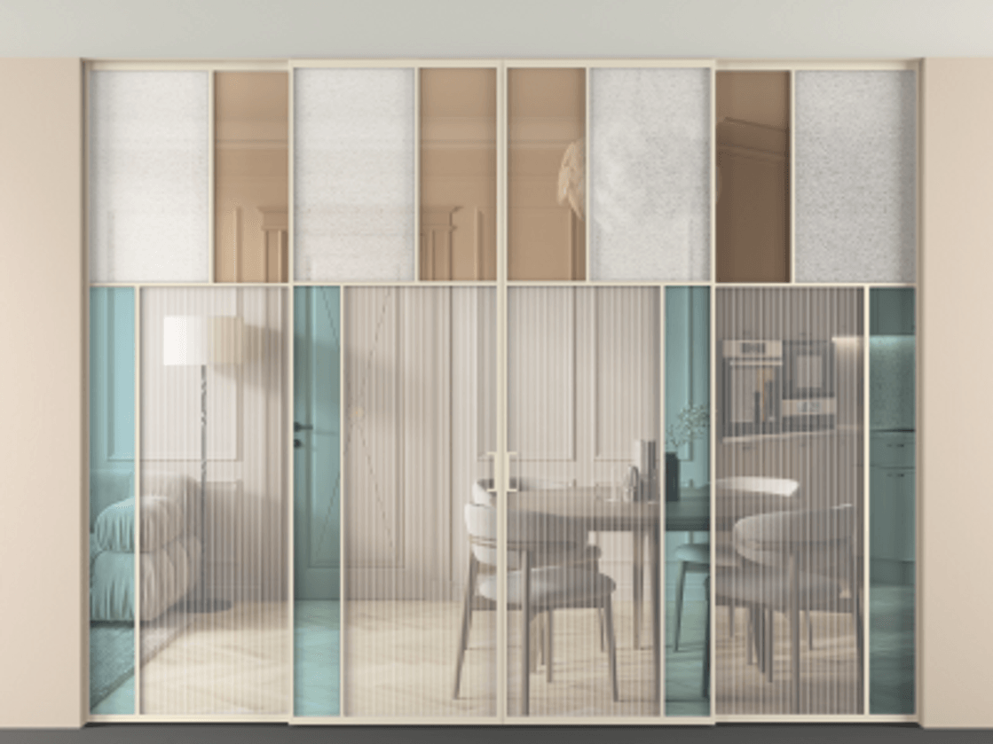 Перегородка Mosaic внутри проёма четырёхстворчатая со скрытым креплением в потолок АЛПР 041.23 Алюминий бежево-серый Комбинация стекол Группы 1 и Группы 3 Цена 30500 Br | Volhovec