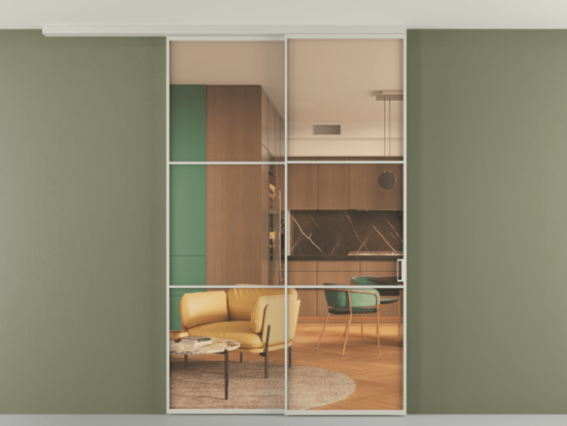 Перегородка Formato вдоль стены на потолок 2 створки с синхронным механизмом АЛПР 040.03 Алюминий тёплый серый Прозрачное оранжевое стекло, триплекс Цена 14900 Br | Volhovec