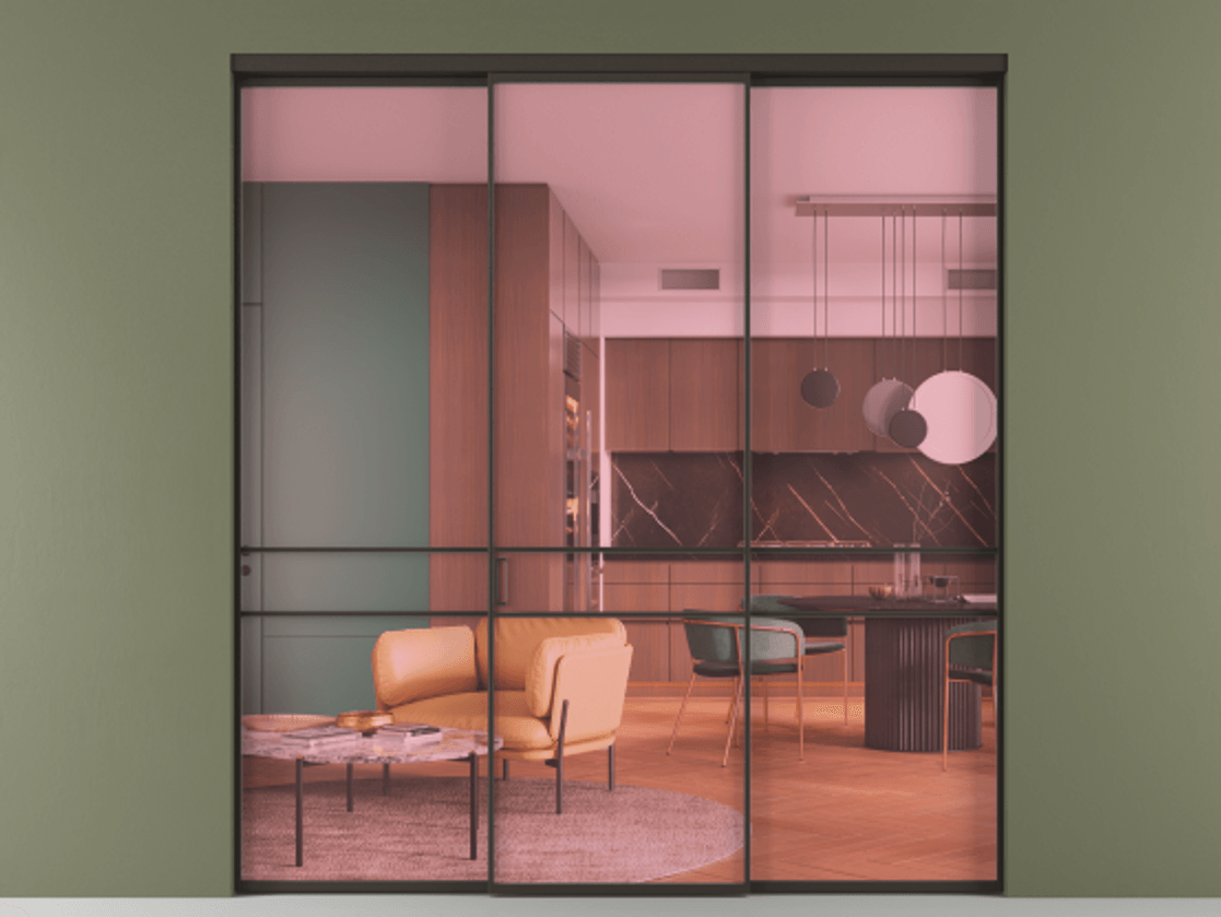 Перегородка Formato внутри проёма 3 створки АЛПР 040.02 Алюминий антрацит Прозрачное розовое стекло, триплекс Цена 13300 Br | Volhovec