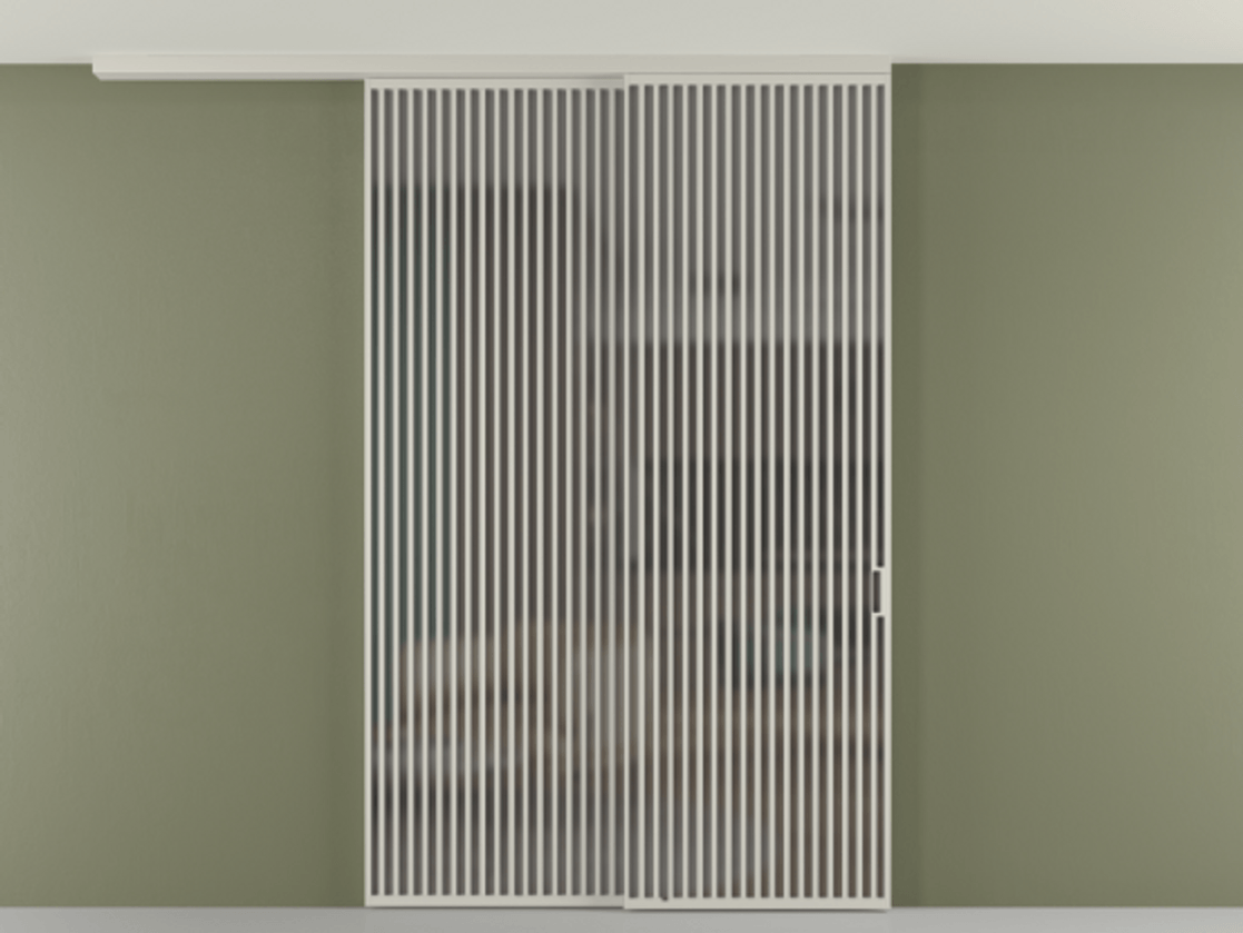 Перегородка Формато вдоль стены на потолок 2 створки с синхронным механизмом АЛПР 040.06 Алюминий тёплый серый Сатинированное серое стекло, триплекс Цена 28160 Br | Volhovec