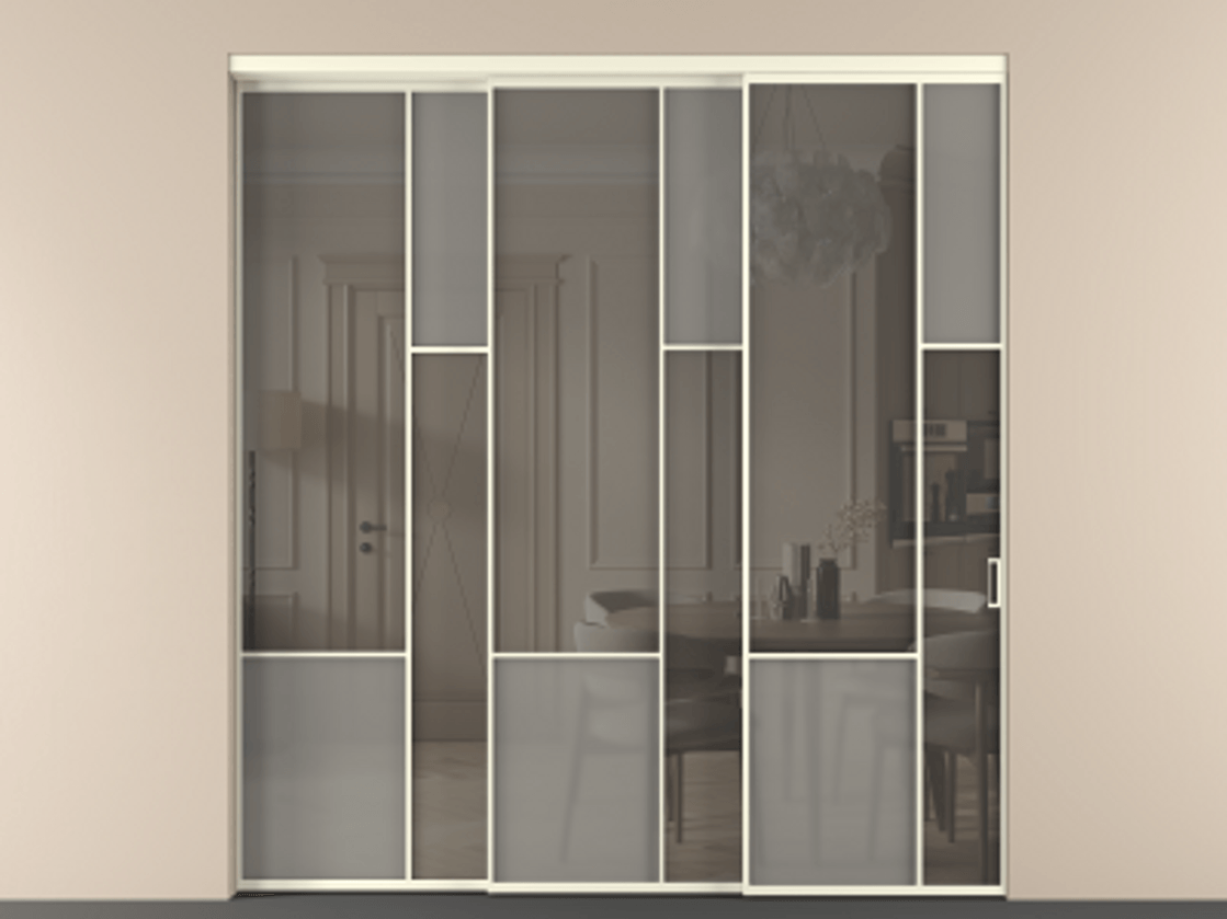 Перегородка Мозаик внутри проёма 3 створки с синхронным механизмом АЛПР 041.12 Алюминий молочно-белый Сатинированное серое стекло, триплекс, 6 мм + Прозрачное серое стекло, триплекс Цена 23390 Br | Volhovec