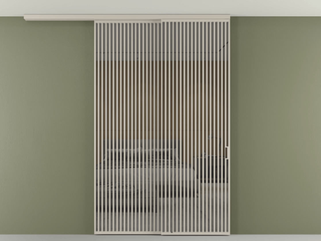 Перегородка Formato вдоль стены на потолок 2 створки с синхронным механизмом АЛПР 040.06 Алюминий светло-бежевый Рефлективное серое стекло "Стопсол", калёное Цена 29010 Br | Volhovec