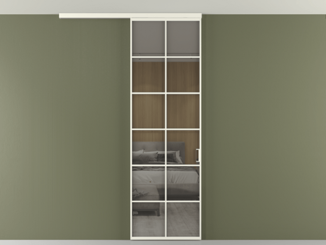 Перегородка Formato вдоль стены на потолок 1 створка АЛПР 040.05 Алюминий жемчужный Рефлективное серое стекло "Stopsol", калёное Цена 7170 Br | Volhovec