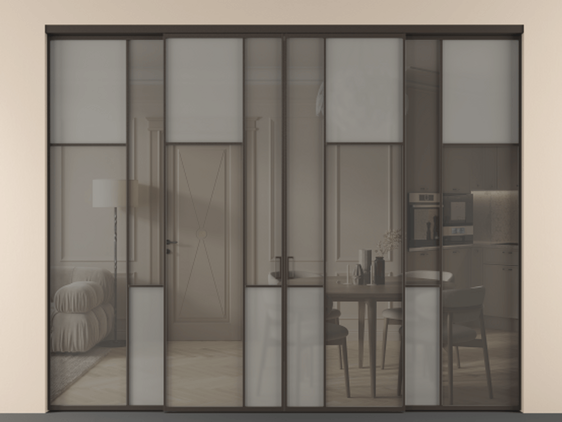 Перегородка Мозаик внутри проёма 4 створки АЛПР 041.11 Алюминий антрацит Сатинированное серое стекло, триплекс, 6 мм + Прозрачное серое стекло, триплекс Цена 24640 Br | Volhovec